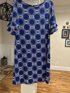 Robbi Nicole - Blue and White Circular Print Short Sleeve Dress size Large